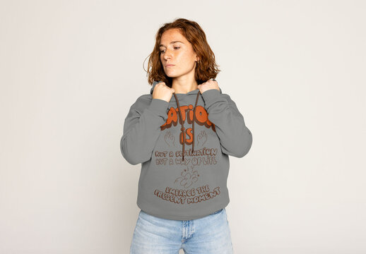 Redhead Woman in a Hoodie Sweater With Drawstrings
