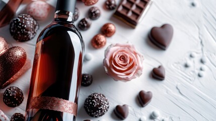 A bottle of wine and some chocolates on a table, perfect for a romantic evening or a gift