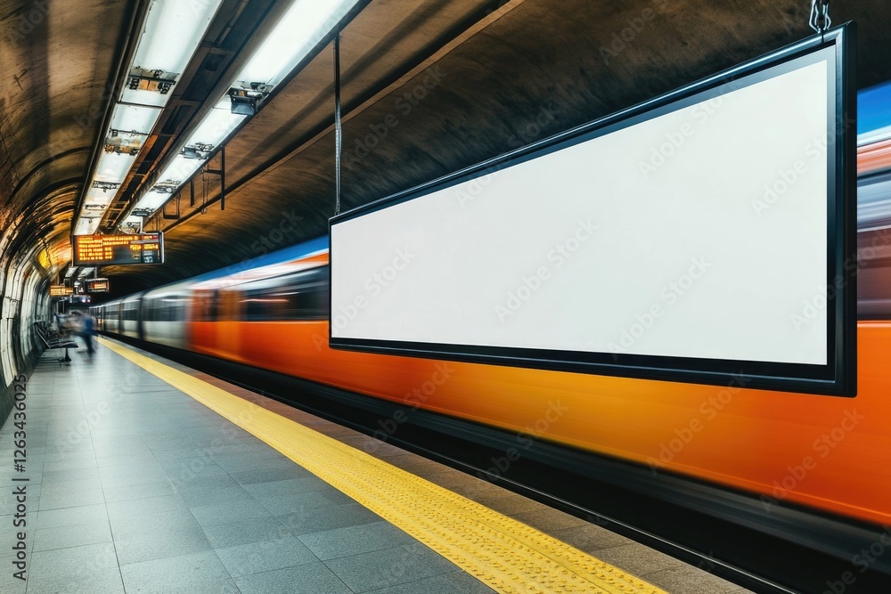 Poster a busy subway station with a train speeding by