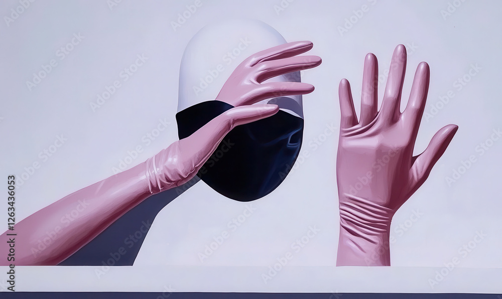 Poster exploring identity and expression through modern abstract art featuring hands and a masked figure in