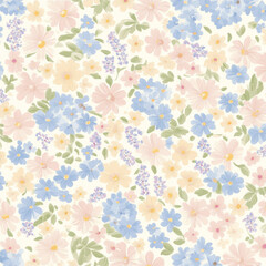 A soft and romantic floral illustration with small, delicate daisies, lavender, and hydrangeas in pastel hues of pink, blue, and yellow. The subtle colors and gentle design evoke feelings of love and