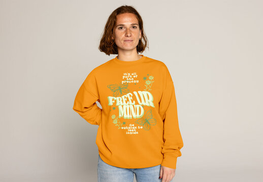 Young Redhead Woman in a Cozy Sweater With Freckles. PSD mockup ready to insert your design and change the color