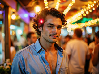 Fototapeta premium Summer 2025 AI neon trends: A man in a blue shirt standing in front of a crowd of people.
