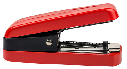 Classic red stapler with open loading mechanism isolated on transparent background