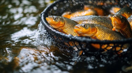 A net filled with a variety of fish is being lifted from a pond, revealing the intricate textures and shimmering scales under the water's surface.