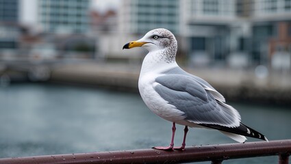 Obraz premium A Seagull Perched on a Railing Overlooking a Beautiful Cityscape with Water and Buildings in the Background