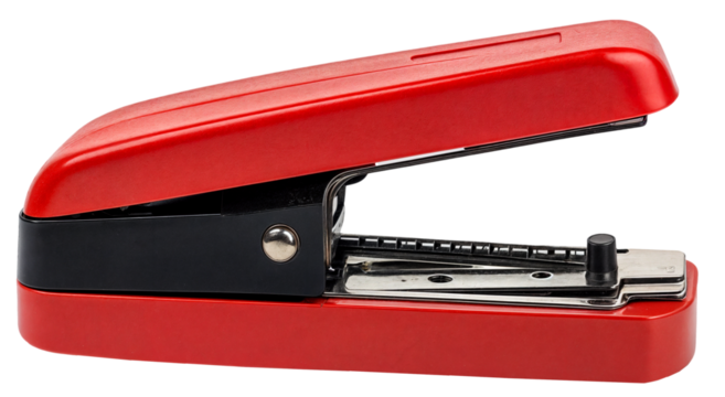 Classic red stapler with open loading mechanism isolated on transparent background