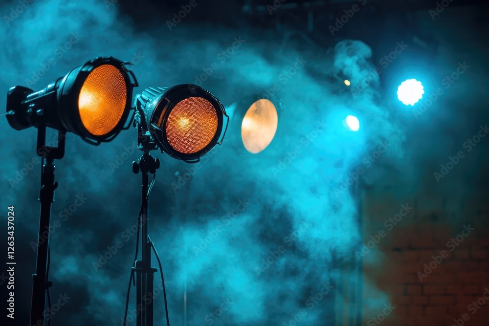 Poster three lights shining in a dark environment, possible scenarios include emergency or utility lighting