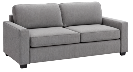 Modern grey linen sleeper sofa with cushions isolated on a transparent background