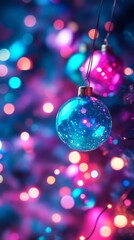 Fototapeta premium Festive close-up of a glowing glass Christmas ornament reflecting colorful bokeh lights in a magical holiday setting.
