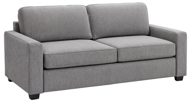 Modern grey linen sleeper sofa with cushions isolated on a transparent background