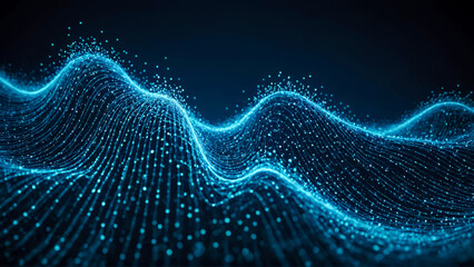 Wave sparkling blue surface on dark gradient background. Elegant abstract shiny 3D area, sparkling highlights, modern glamour aesthetic. Copy space for text.