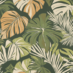 A vibrant jungle leaf illustration with large, intricately detailed monstera and banana leaves. The use of rich green tones and earthy neutrals captures the essence of a lush, tropical forest.
