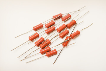 Old film resistors. Resistors with axial terminals. Elements of electronics.