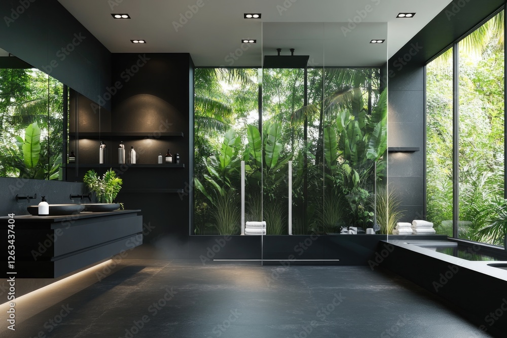Poster a modern bathroom with a large window and a single sink