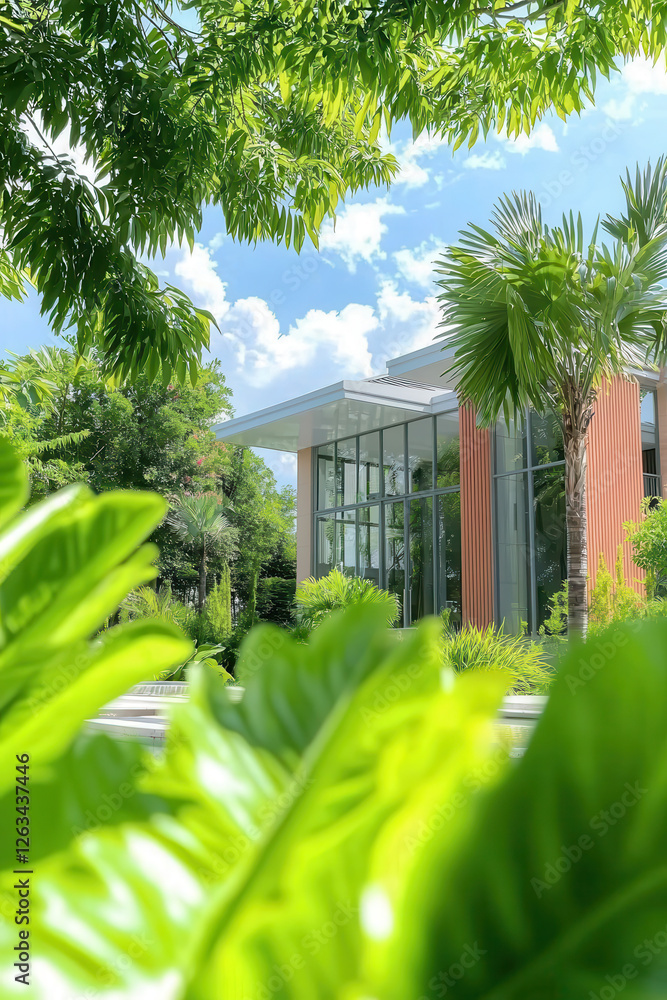 Poster a serene modern building embraced by lush greenery: exploring the harmonious blend of architecture a