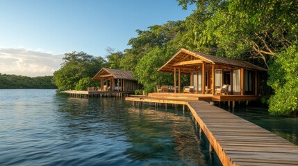 Fototapeta premium Open-Air Cabins Embraced by Lush Nature on a Serene Lagoon