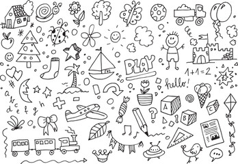 Hand drawn kids vector doodle set over white background