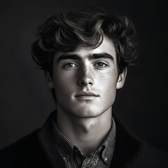 Monochrome portrait photo of a teenage boy with curly hair