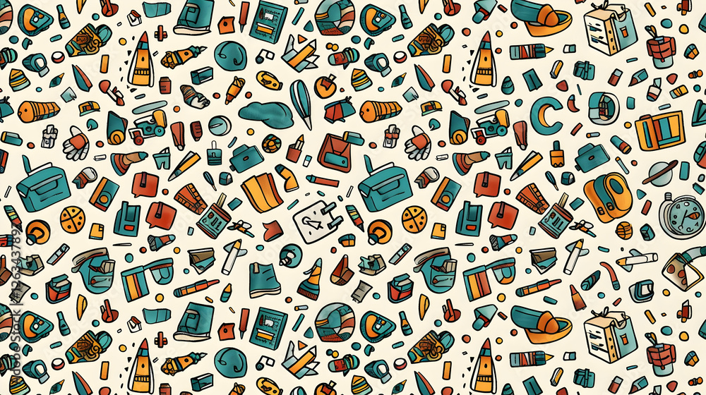 Aufkleber a vibrant pattern of various tools and objects scattered across a light background, ideal for creati