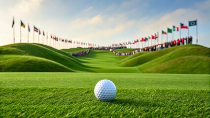 Fototapeta premium Golf Ball on Lush Green Grass with Flags and Spectators in the Background at a Tournament