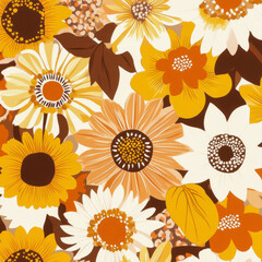 A retro-inspired floral illustration with large, bold flowers like daisies and sunflowers in shades of yellow, orange, and brown. The bright, 70s-inspired colors create a nostalgic feel.