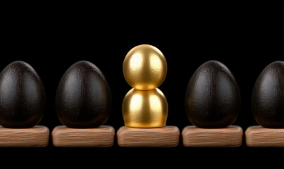 Unique Golden Egg Among Black Eggs on Wooden Platforms, Symbolizing Individuality, Success, and Distinction in Contrast with Similarities