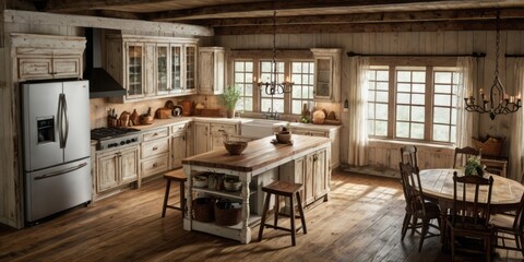 Rustic Farmhouse Kitchen With Island And Wooden Table
