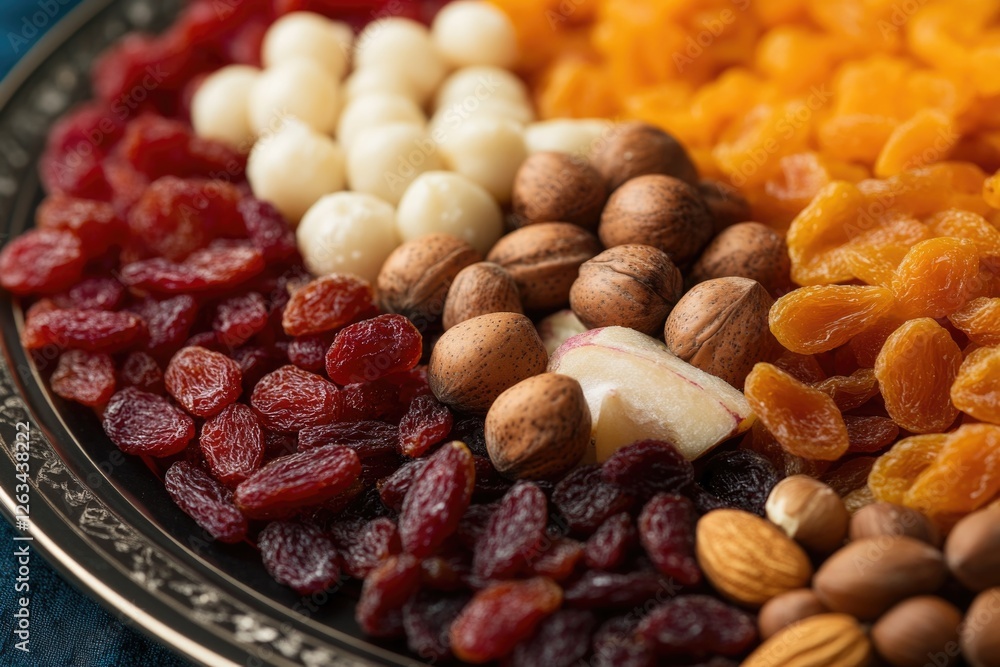 Poster a colorful plate filled with various nuts and dried fruits, perfect for snacking or adding to meals