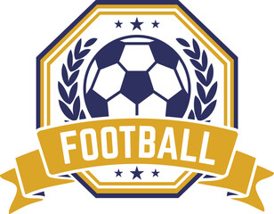 Football club logo with ball, laurel wreath and golden ribbon with stars, ideal for sport leagues, championships, competitions and tournaments