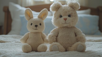 Two adorable knitted toy animals, a rabbit and a bear, sit together on a bed.