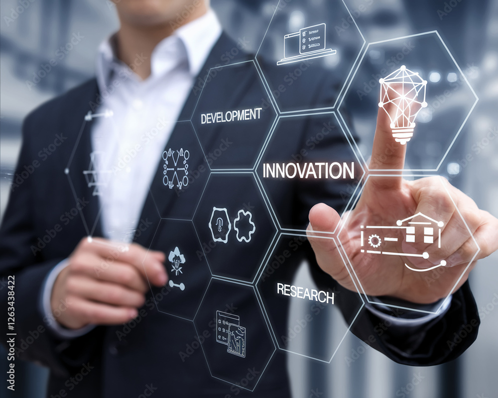 Poster a businessman interacting with a futuristic digital interface displaying icons for innovation, devel