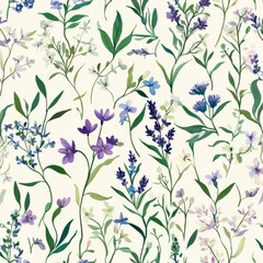 A nature-inspired floral illustration with detailed, hand-drawn wildflowers like bluebells, lavender, and daisies. The design uses soft greens, purples, and blues for a peaceful, natural ambiance.