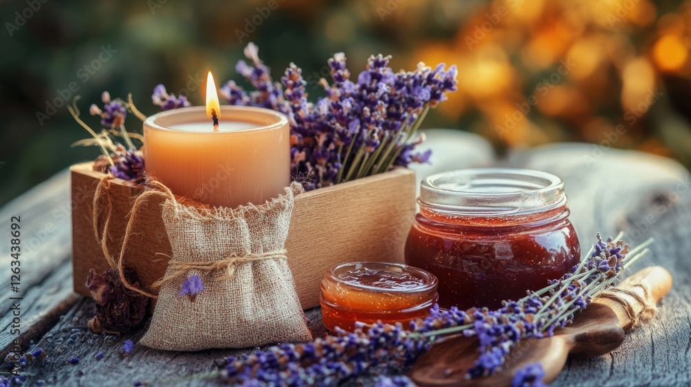 Poster a still life composition featuring a candle and jars of jam on a table