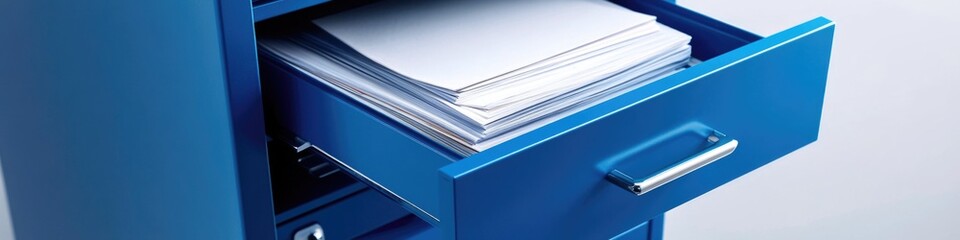 Obraz premium A blue metal filing cabinet filled with papers and documents, great for office or workplace use