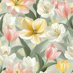 Fototapeta premium A serene floral illustration featuring soft, watercolor tulips and lilies in shades of pink, white, and yellow. The calming tones and gentle brushstrokes create a peaceful atmosphere.