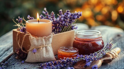 A still life composition featuring a candle and jars of jam on a table