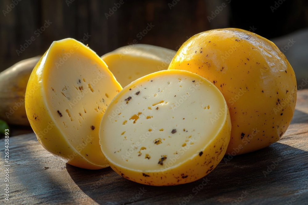 Poster a close-up view of a sliced potato on a table, perfect for food or cooking-related uses