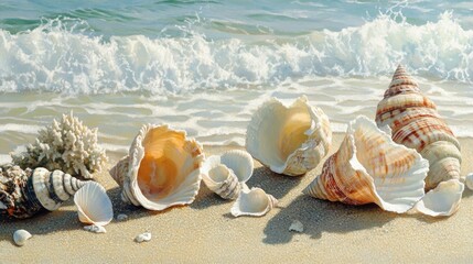 A stunning beachscape with scattered shells and coral fragments on the sand, soft ocean waves in the background.