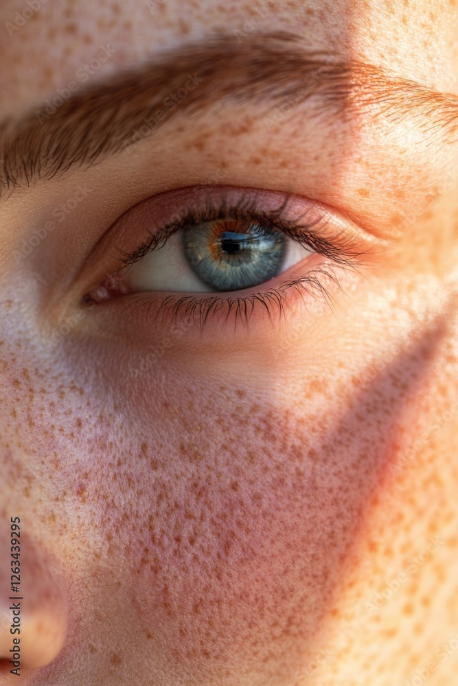 Poster eye portrait with distinctive freckles, perfect for use in personal or professional contexts where a