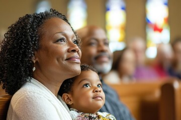 A woman holds a child's hand in a peaceful church setting, perfect for family or faith-related uses