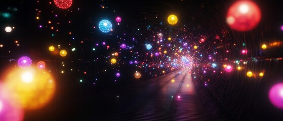 Obraz premium Colorful Lights and Floating Particles in a Dark Tunnel