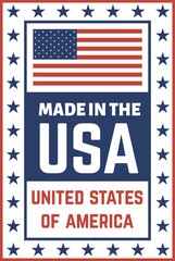 Vertical label featuring the American flag, the text Made in the USA and United States of America, and a decorative border of stars, evoking patriotism and American made products
