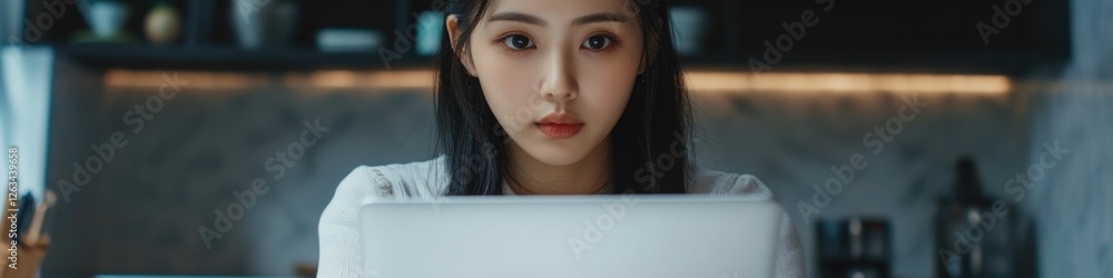 Poster a person examines a computer display