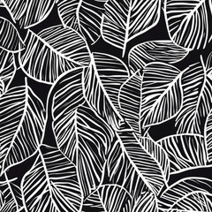 A high-contrast black-and-white leaf illustration with strong graphic lines. The abstract leaves overlap and twist in an energetic, modern way, making this design perfect for edgy, contemporary