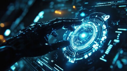 Robotic Hand Pressing a Holographic Button in Cybers.