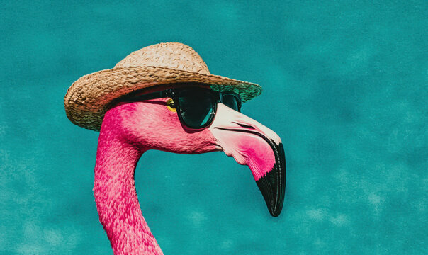 Playful Flamingo with Sunglasses and Straw Hat: A Colorful Representation of Tropical Wildlife Captured in a Vibrant Setting