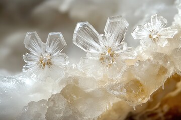 A group of crystals sit atop a pile of ice, offering a unique and beautiful scene