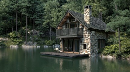 Serene Stone Cottage with Balcony Overlooking Tranquil Lake and Lush Forest