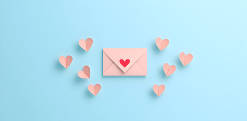 Valentine&rsquo;s Day creative flat lay with a pink envelope and red heart decorations on a pastel blue backdrop &ndash; perfect for wedding invitations, romantic notes, and social media visuals